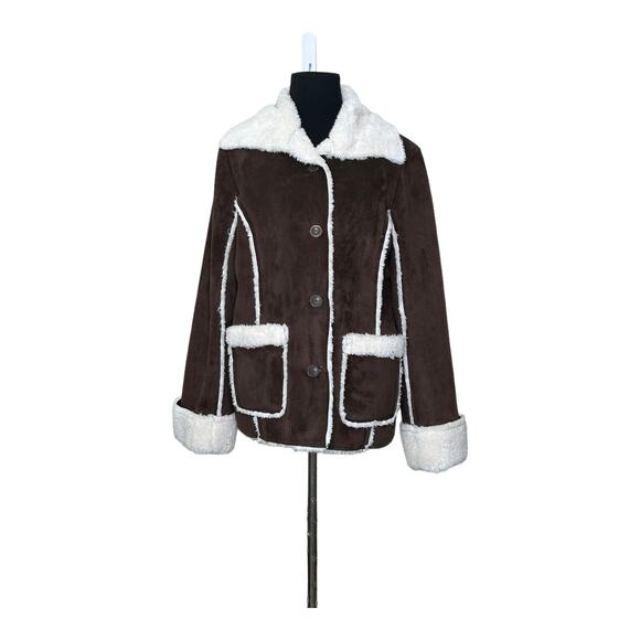 MiFresia Brown Suede White Sheerling Trim Button Jacket size M - Picture 10 of 14